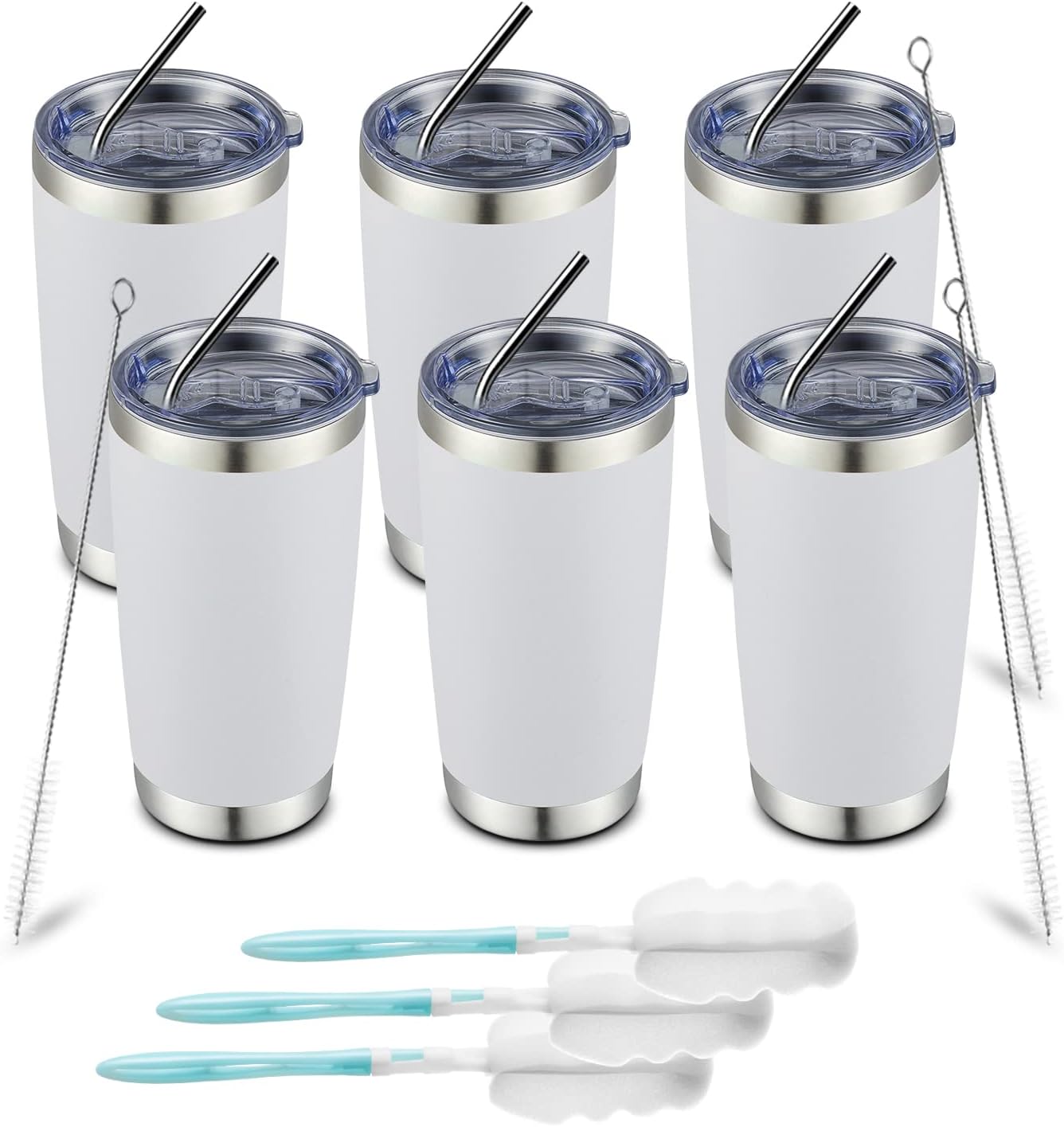 COMOOO Vaso blanco de 20 onzas con aislamiento al vacío de doble pared para café, taza de viaje de acero inoxidable a granel con tapa y pajita,