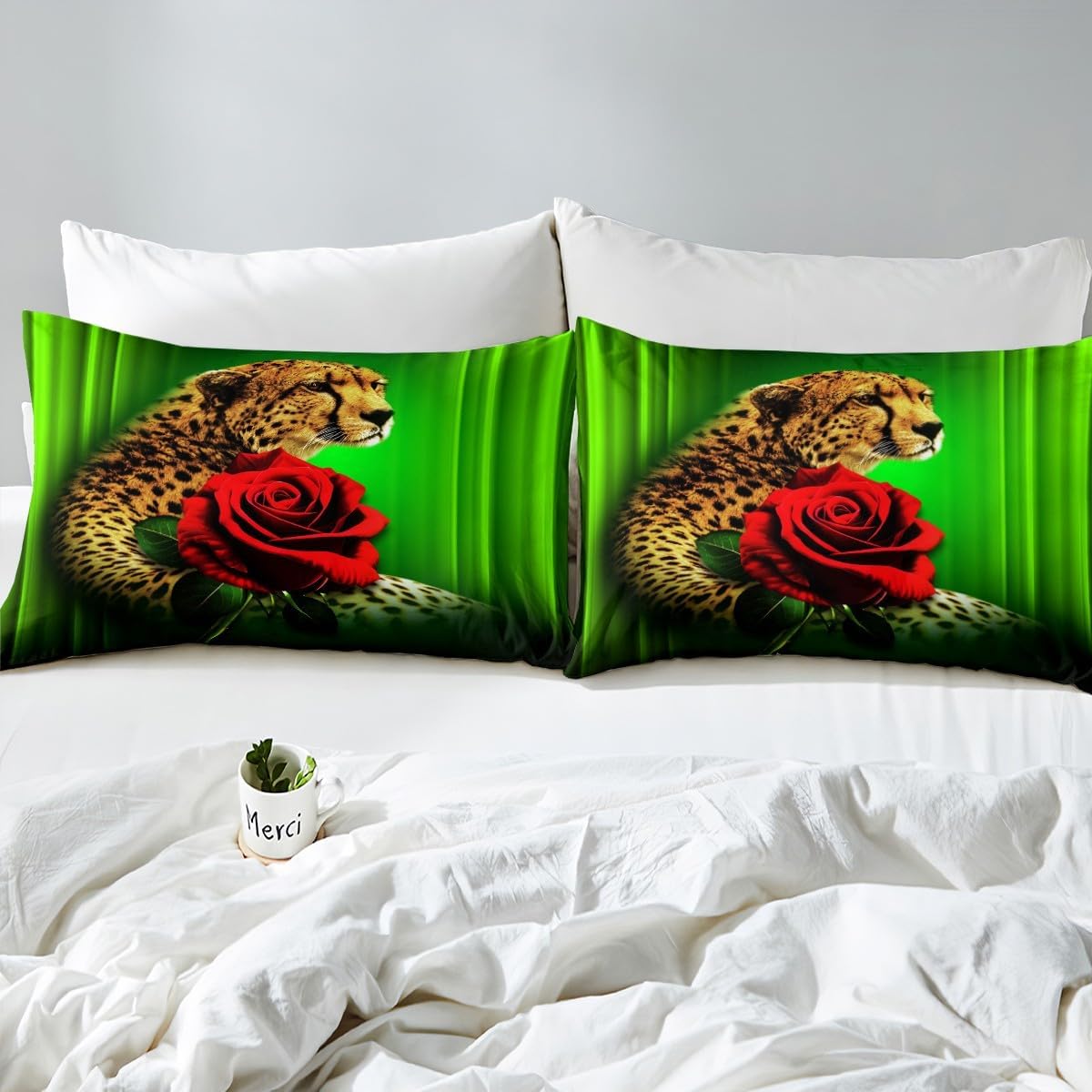 Sábanas de cama con diseño de rosas de guepardo, tamaño individual, estampado de leopardo, flores, juego de ropa de cama para niños, adolescentes,