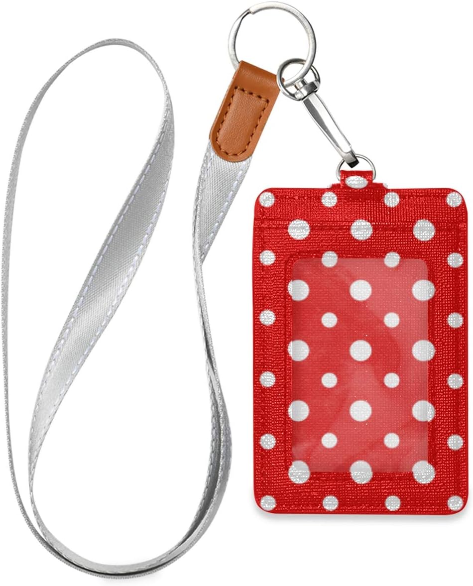 VIKKO Portatarjetas de lunares rojos y blancos, cartera de piel sintética para tarjetas de identificación con cordón para el cuello y llavero