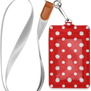 VIKKO Portatarjetas de lunares rojos y blancos, cartera de piel sintética para tarjetas de identificación con cordón para el cuello y llavero VIKKO Portatarjetas de lunares rojos y blancos, cartera de piel sintética para tarjetas de identificación con cordón para el cuello y llavero