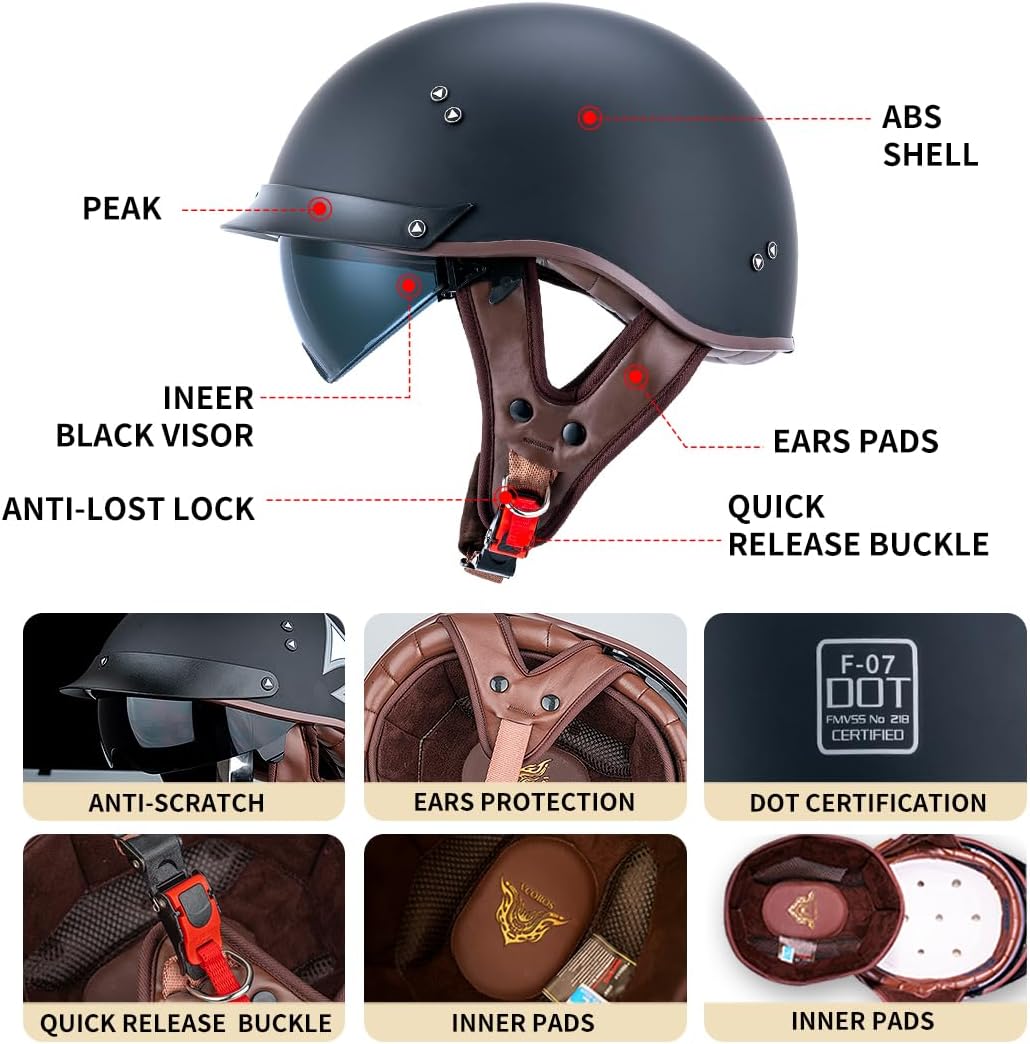 VCOROS F-07 – Casco de media cara para motocicleta, visera solar, hebilla de liberación rápida, aprobado por DOT, cascos para adultos para hombres y