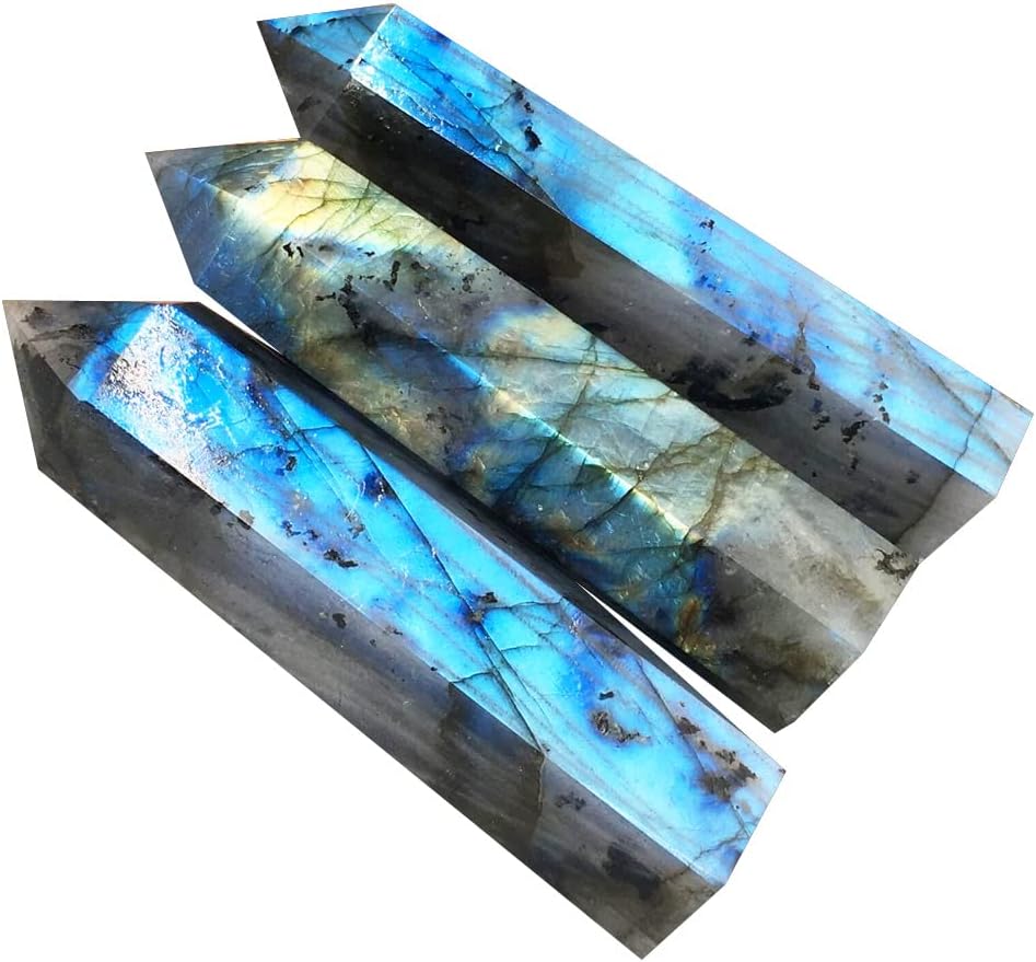 FEIXI Piedra curativa de labradorita de cristal natural, piedra curativa de cuarzo con obelisco, piedra energética (1.5 libras)
