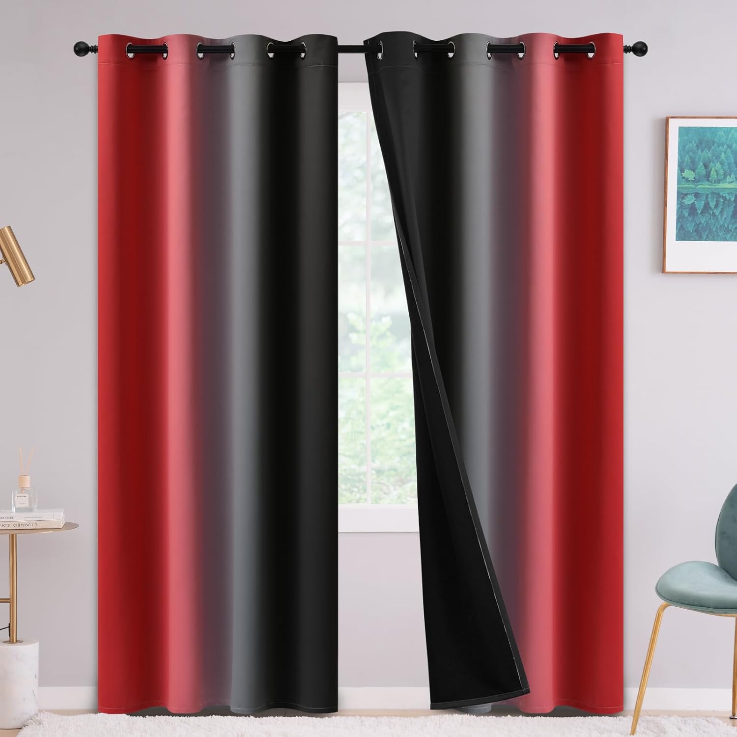 Yakamok Cortinas opacas 100% rojas y negras para dormitorio, cortinas degradadas de oscurecimiento de habitación para sala de estar, cortinas de