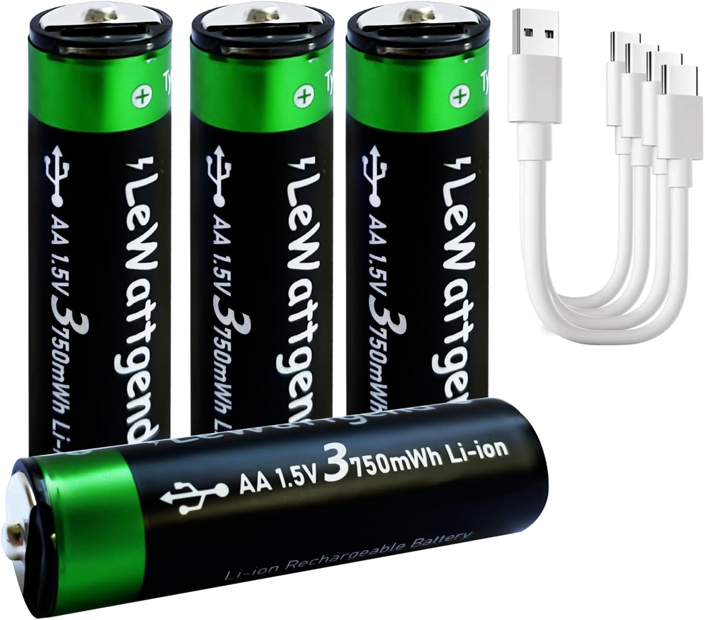 Baterías de litio AA recargables de 1.5 V, batería AA de larga duración de 3750 mWh con salida de cable USB-C 4 en 1, baterías AA para juguetes de