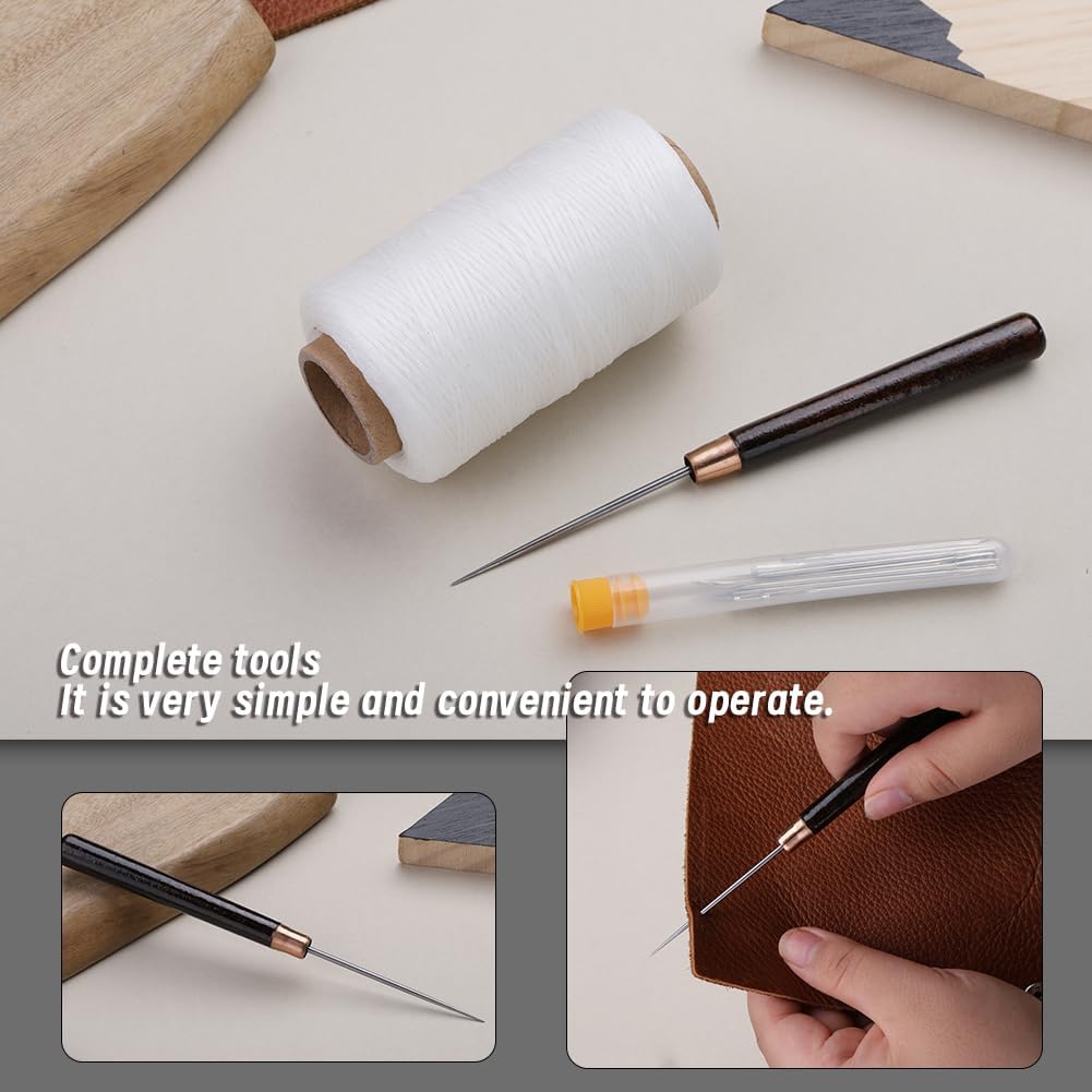 TLKKUE Kit de hilo encerado para tapicería de cuero, 273 yardas, aguja de coser recta, punzón recto, kit de costura de cuerda de cera resistente