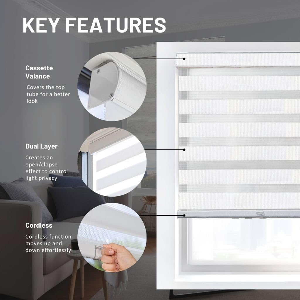 CHICOLOGY – Sombras de cebra sin varillas para uso diario, tratamiento de doble capa para ventana de filtrado de luz, ideal para niños y perfecto