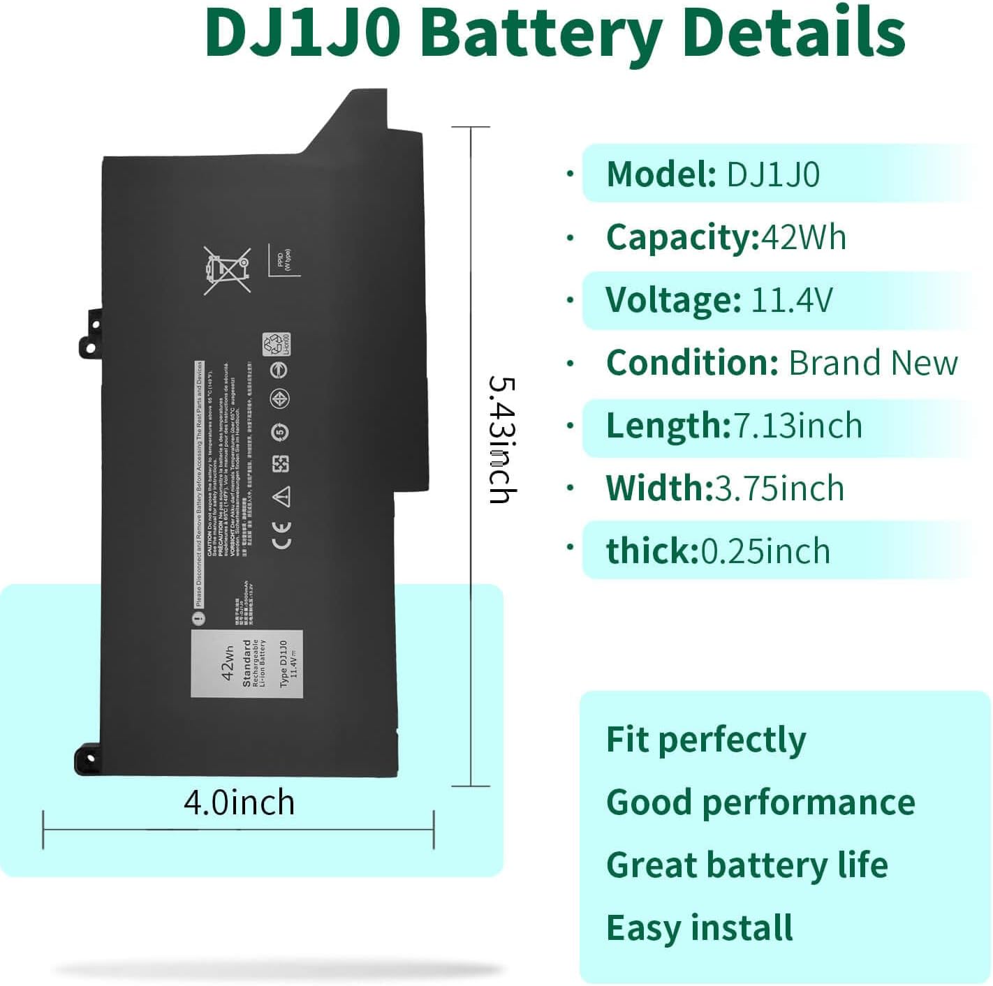 DMKAOLLK Batería DJ1J0 de 42 Wh para Dell Latitude 7280 7290 7380 7390 7480 7490 E7280 E7290 E7380 E7390 E7480 E7490 Series DJ1JO P28S P28S0 45 EU