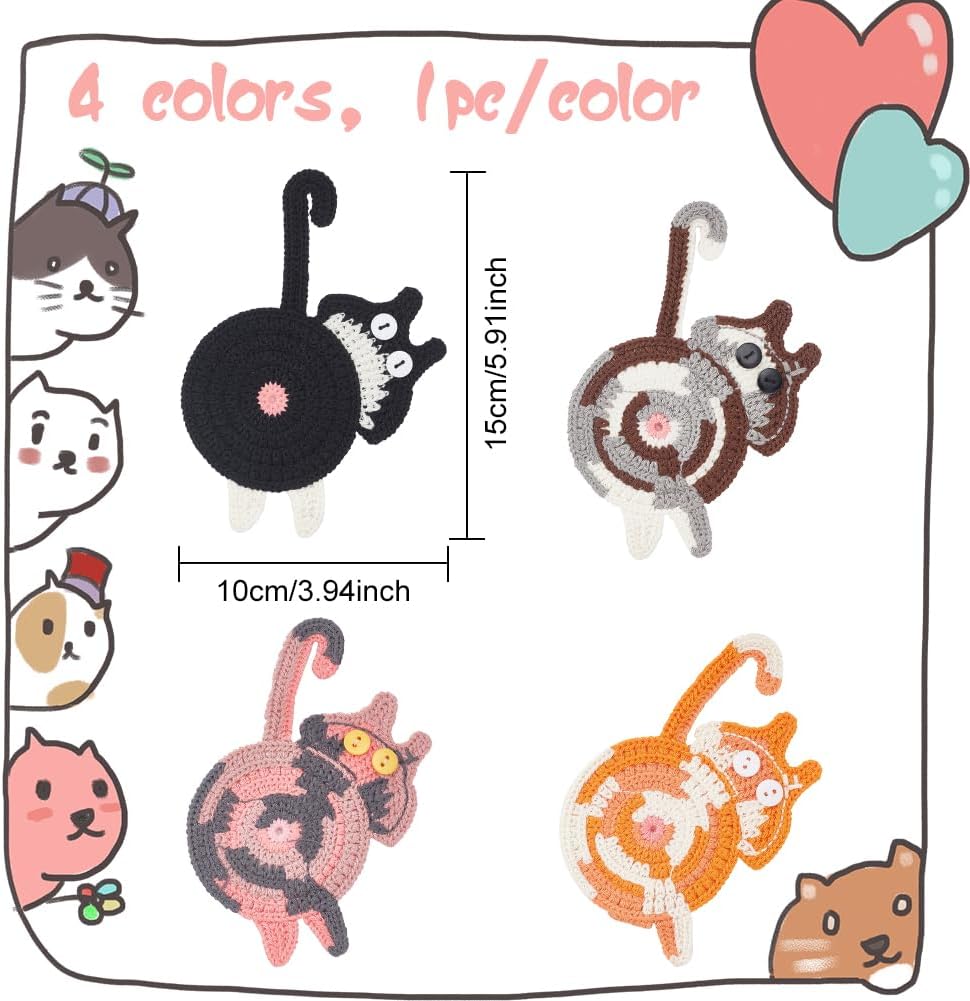 4 posavasos de punto con diseño de gato, bonitos y divertidos posavasos de punto rosa, negro, naranja, gris, marrón, protección de mesa, regalo para