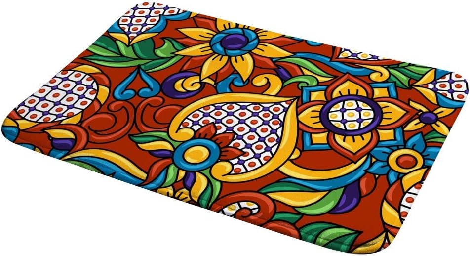 Alfombra de baño antideslizante y absorbente de agua, de terciopelo coral, lavable a máquina, espuma viscoelástica, talavera mexicana, étnica y
