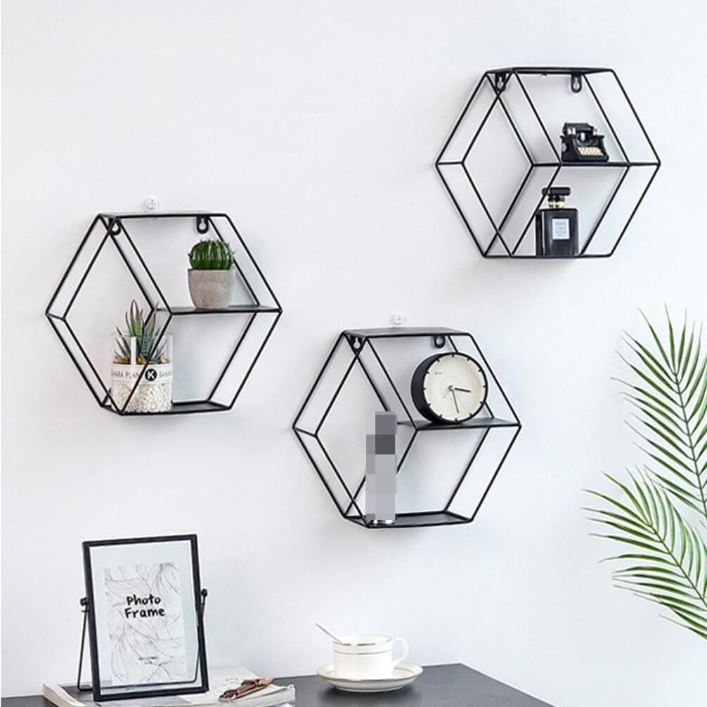 Garneck Estantes flotantes hexagonales para colgar en la pared, estante rústico de granja, soporte de metal para decoración de pared,