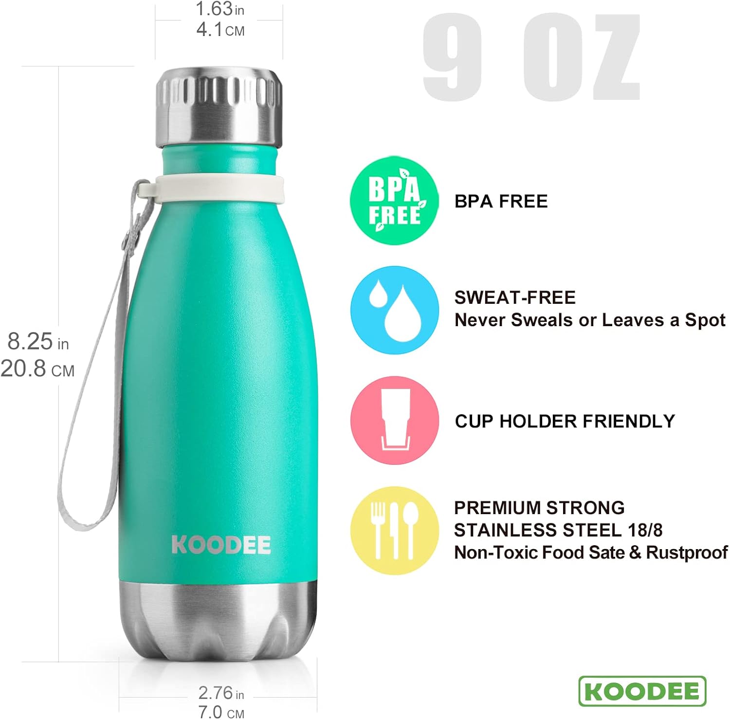 koodee Botella de agua pequeña de acero inoxidable de 9 onzas, doble pared aislada al vacío, para la escuela, a prueba de fugas, sin BPA (azul