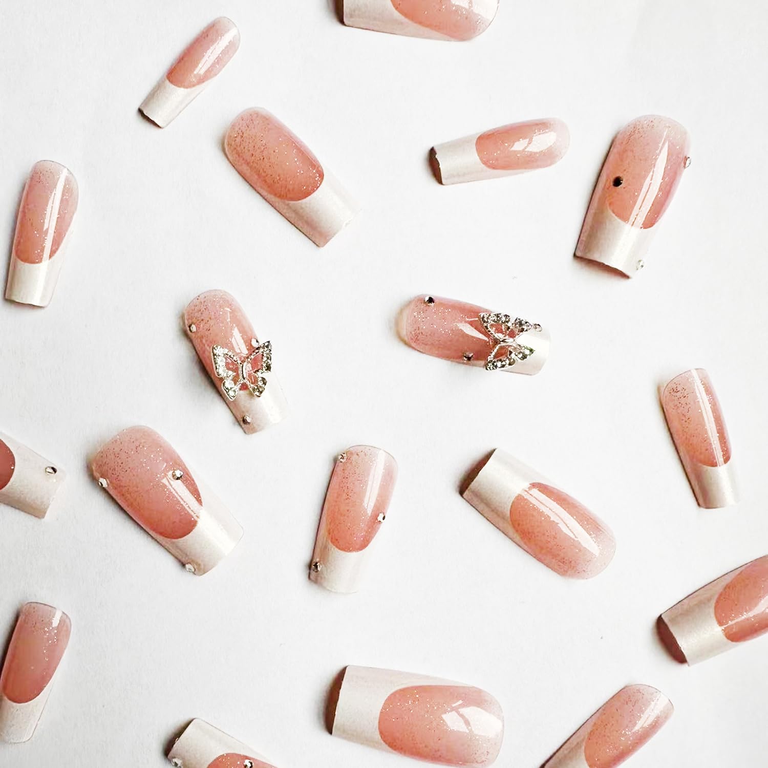 Uñas postizas a presión con punta francesa, uñas postizas largas con diseño de mariposa y diamantes de imitación, uñas acrílicas para mujeres y