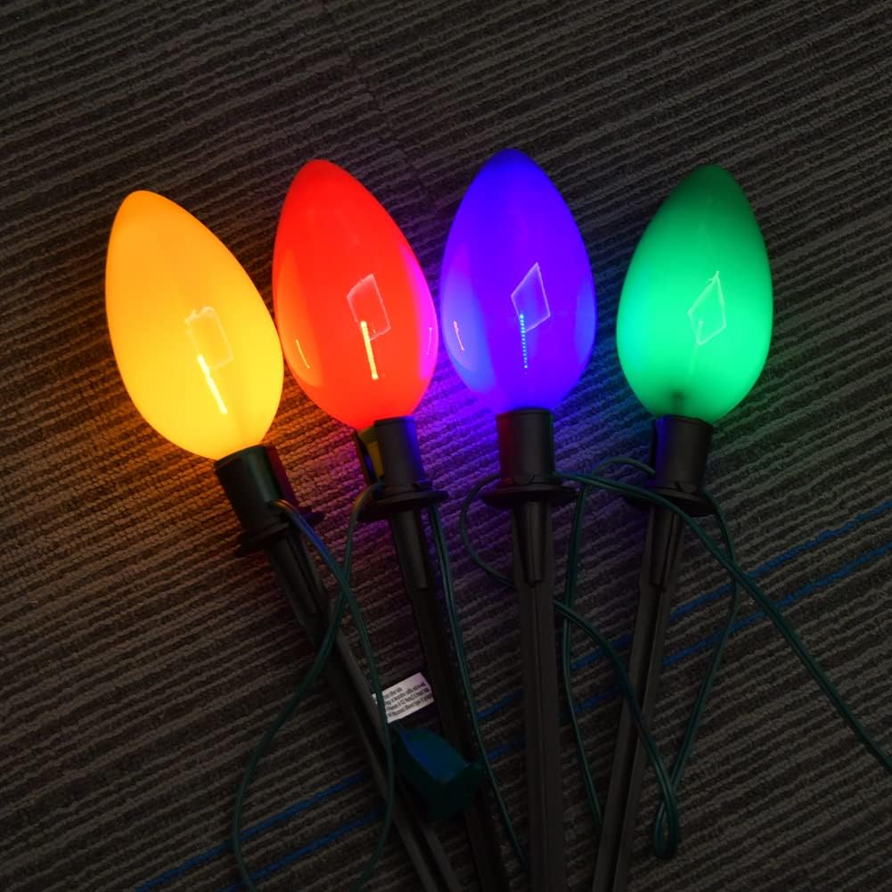 C9 – Luces LED multicolor para Navidad, 1 paquete de 7 pies con 4 luces LED multicolor con 4 estacas, impermeable, para Navidad, césped, pasarela,