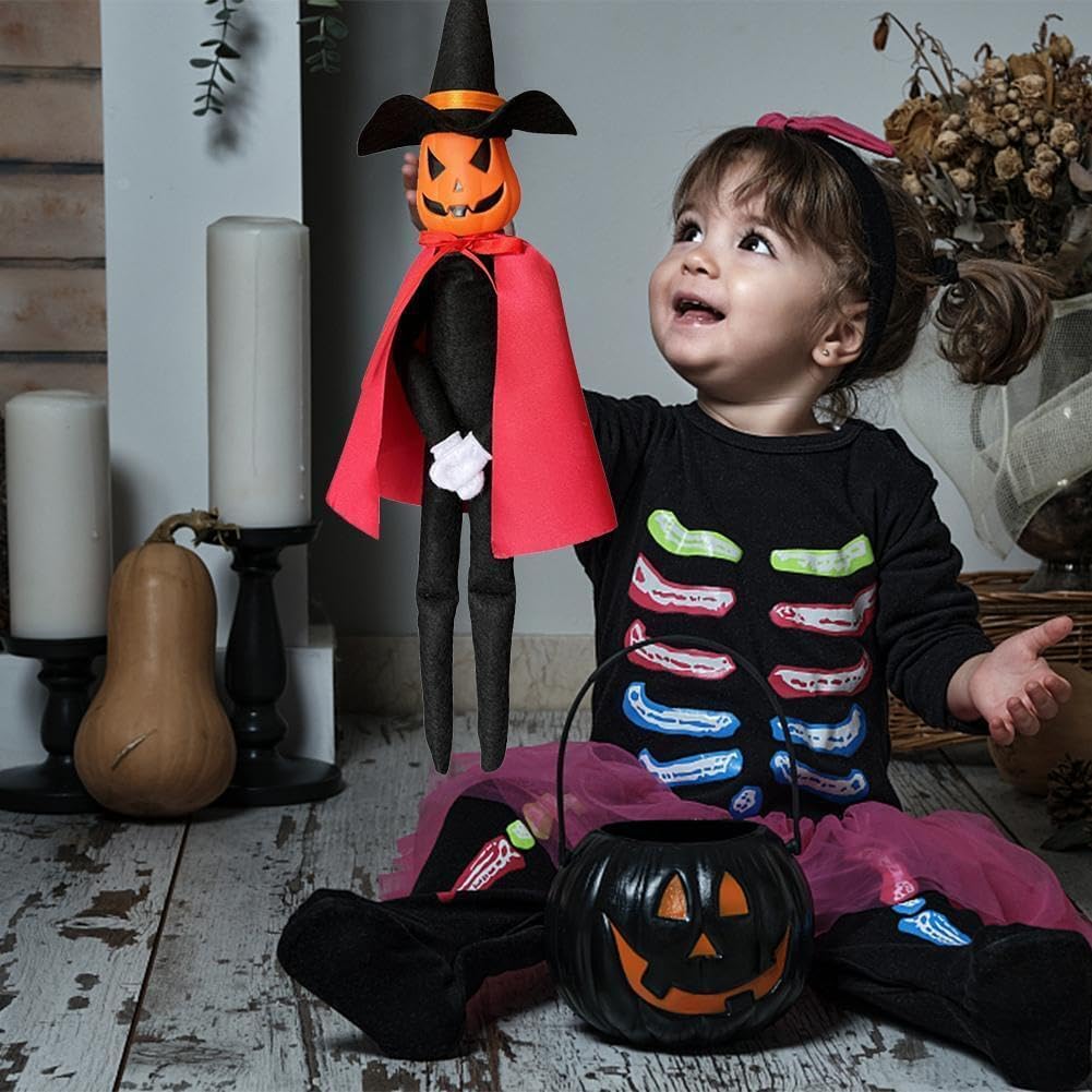 Muñeco de peluche de calabaza de Halloween de 14 pulgadas, hecho a mano con sombrero negro, guantes blancos, vestidos y capa para Halloween y