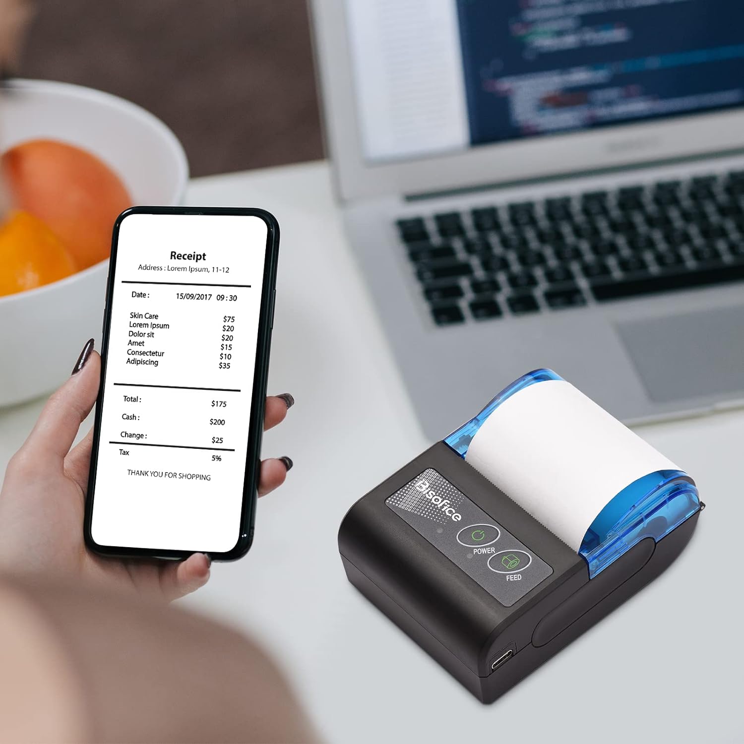 Impresora de recibos, mini impresora térmica portátil de recibos de 2 pulgadas, inalámbrica BT USB, impresora de boletos de recibos con papel de
