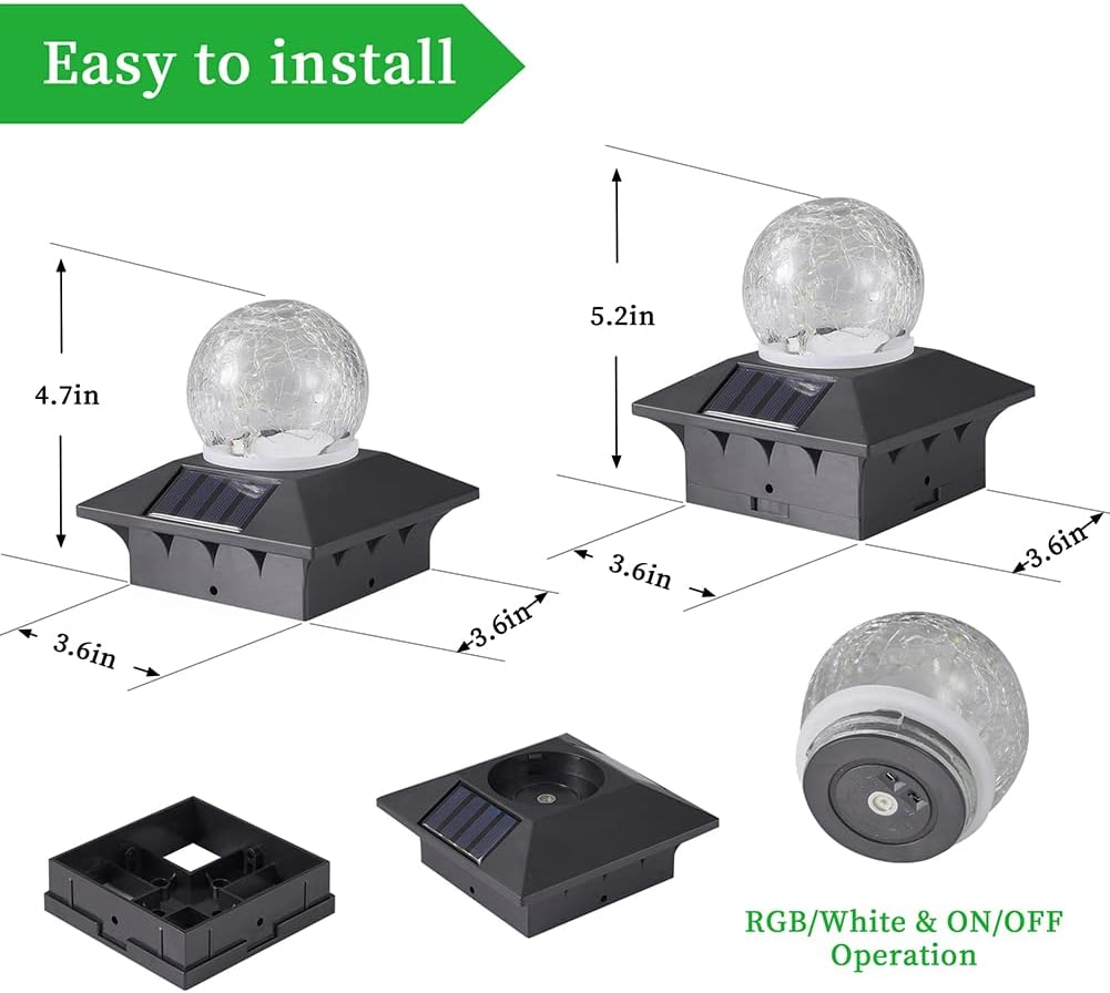 Luces solares para tapa de poste con 2 modos de luz, luces de poste de valla alimentadas por energía solar con lámpara de bola de vidrio agrietado,