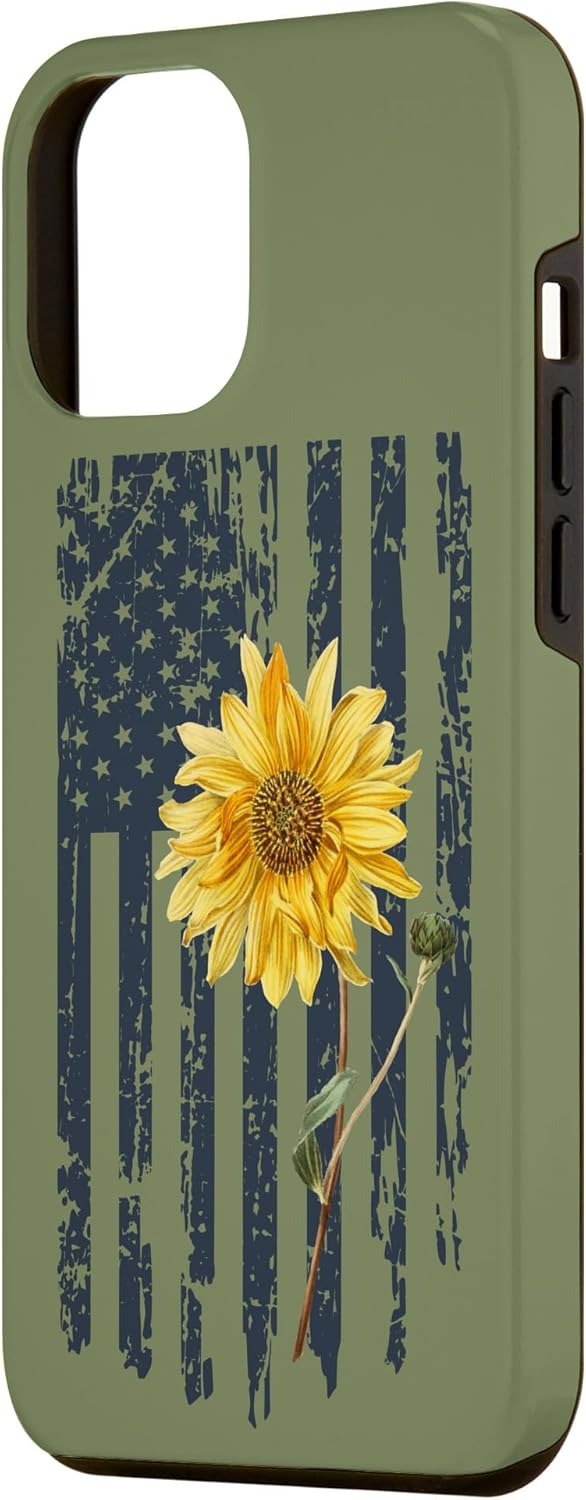 Funda para iPhone 14 Plus con diseño patriótico de girasol amarillo con bandera estadounidense para mujer, color verde salvia