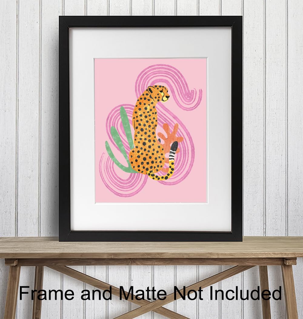 Mid Century Modern Abstract Cheetah LARGE 11×14 – Pink Boho Wall Art – Minimalist Gallery Wall Decor – Aesthetic Room Decor – Bohemian Bedroom Decor