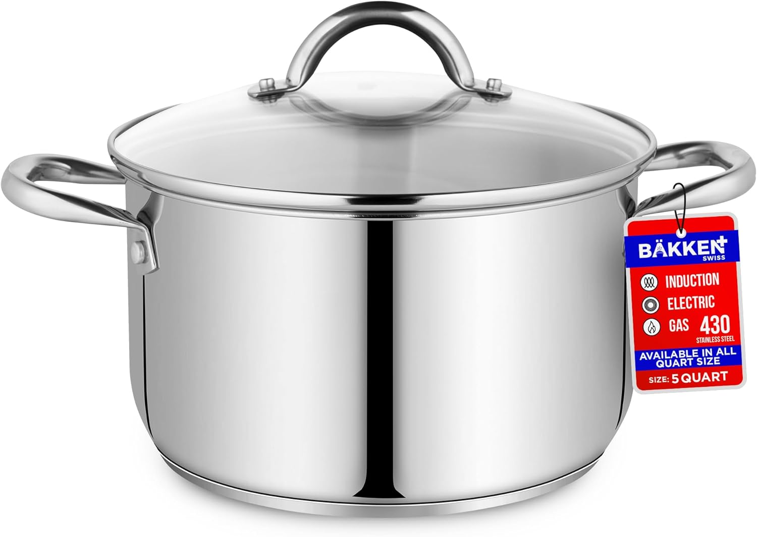 Bakken-Swiss Deluxe – Olla de acero inoxidable de 5 cuartos de galón con tapa transparente de vidrio templado, deliciosas sopas, guisos y cocción