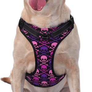 Arnés transpirable para perro con diseño de calavera cruzada morado y rosa, arnés para perro sin estrangulamiento, arnés para perro para caminar al Arnés transpirable para perro con diseño de calavera cruzada morado y rosa, arnés para perro sin estrangulamiento, arnés para perro para caminar al