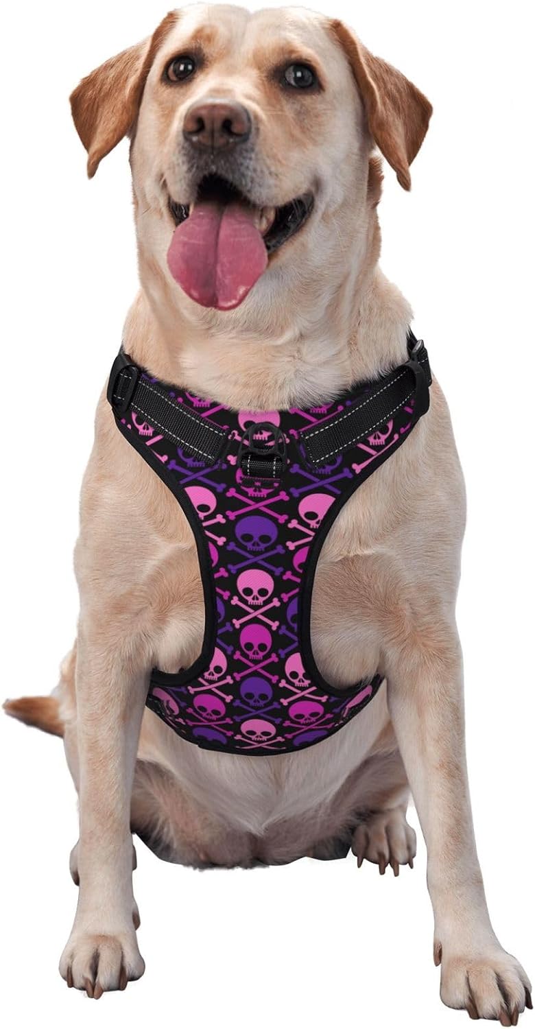Arnés transpirable para perro con diseño de calavera cruzada morado y rosa, arnés para perro sin estrangulamiento, arnés para perro para caminar al