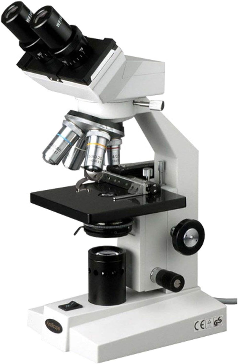 AmScope Microscopio binocular compuesto B100A-MS, aumento 40X-1600X, Brightfield, iluminación de tungsteno, condensador de Abbe, etapa mecánica