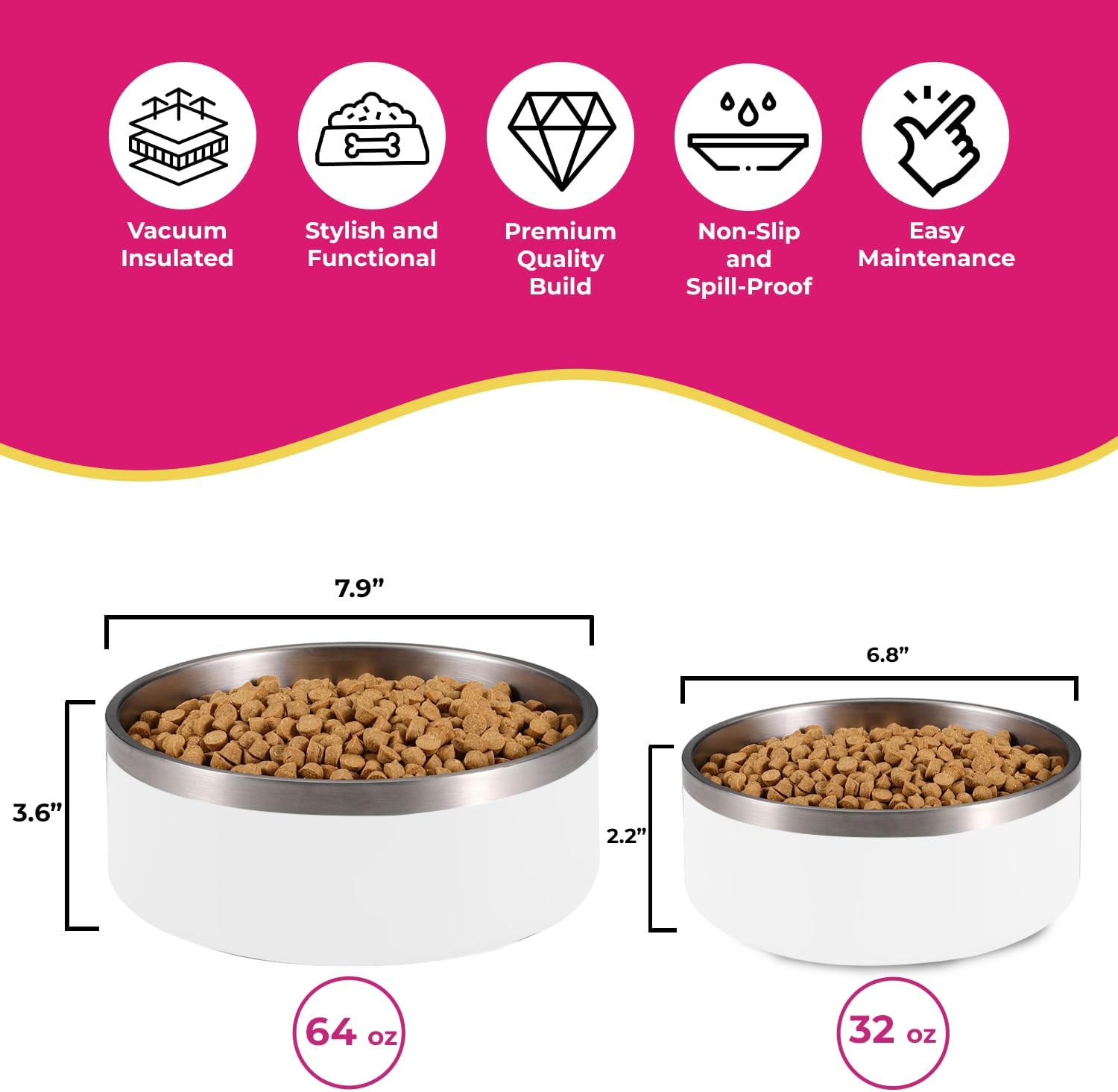Cuenco blanco para perros de 32 onzas de 4 tazas, tazón de acero inoxidable de doble pared para mascotas, cuenco aislado al vacío, tazón