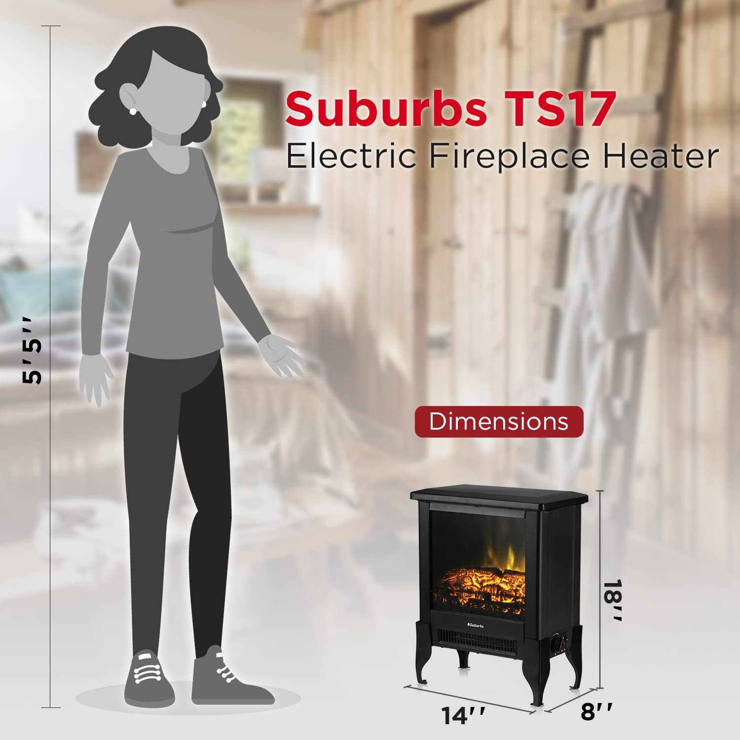 TURBRO Suburbs TS17 – Chimenea eléctrica compacta, calentador de 18 pulgadas con llama realista, certificado CSA, protección de seguridad contra
