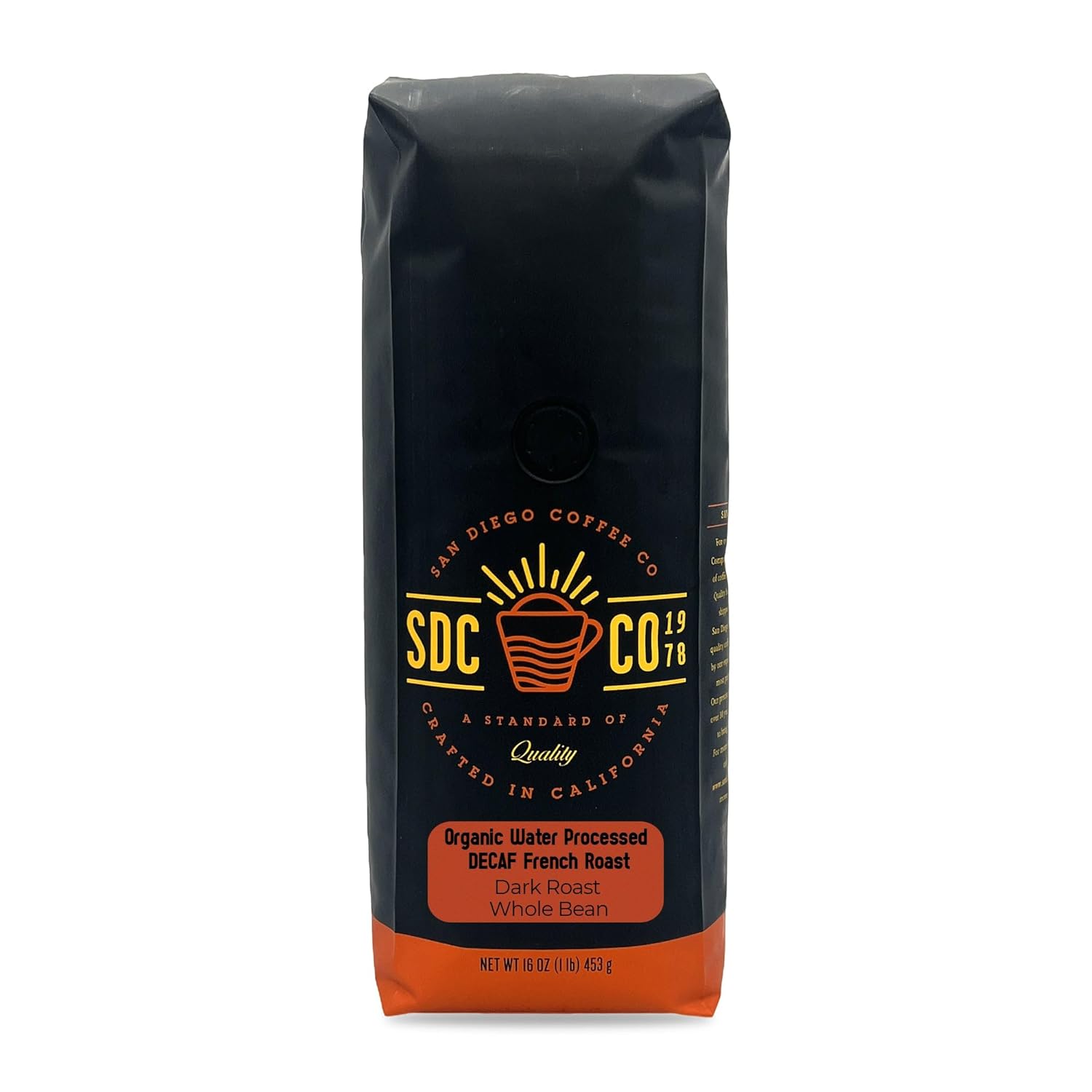 San Diego Coffee Café orgánico tostado francés DECAF, tostado oscuro, café en grano entero, bolsa de 16 onzas
