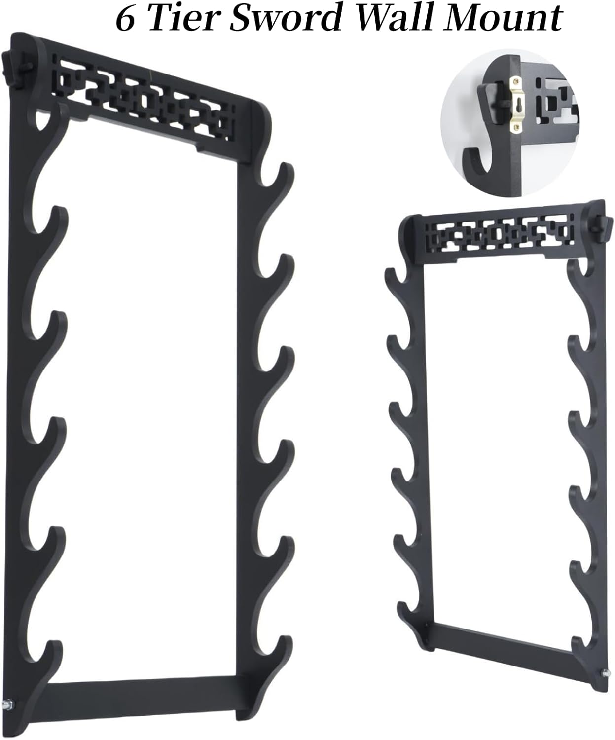 Soporte de pared para espada de 6 niveles, soporte de pared de espada Katana negra, soporte de pared para espada de madera, soporte de espada