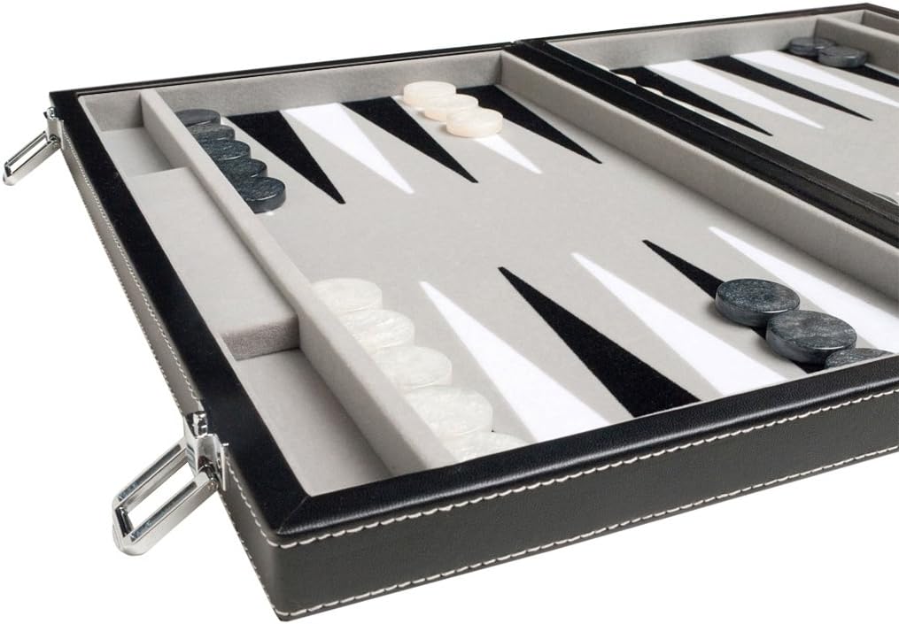 Juego de backgammon de viaje, cuero sintético, campo de juego de terciopelo, 15 pulgadas, negrogris