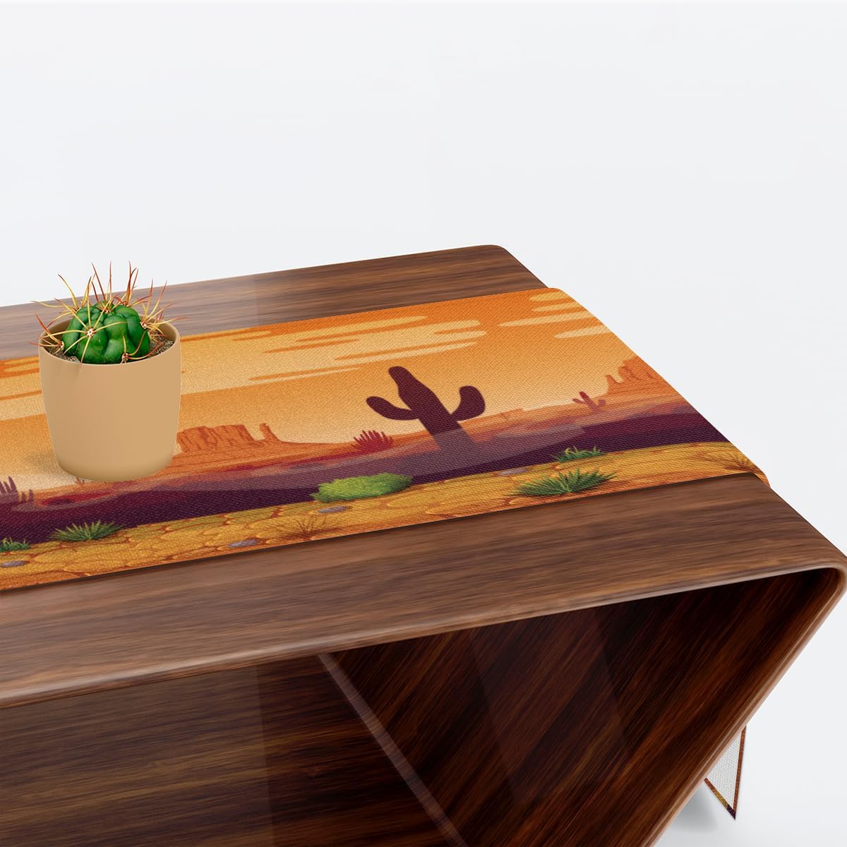 Table Runner Cartoon Cactus Desert Landscape, Rustic Linen Table Cloth, Kitchen Dining Table Decoration for Home Party Decor 13 x 48 Inches