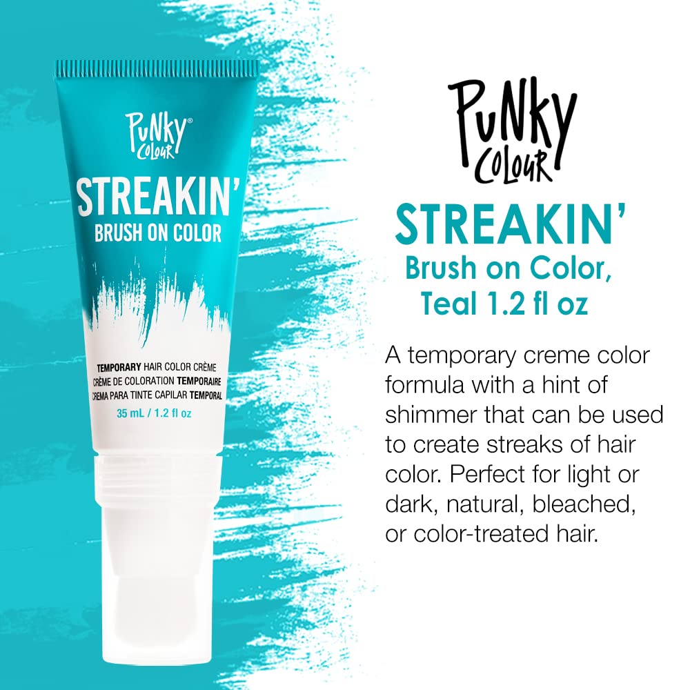 Punky Colour Streakin’ Brush on Color verde azulado, color crema temporal para el cabello, instantáneo, peinado de bricolaje, vibrante, agarre