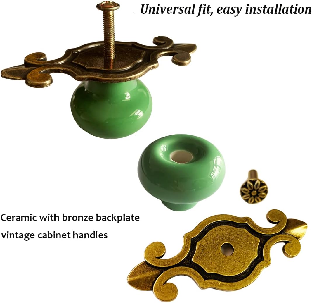 Pomos de cerámica para gabinete, 4 unidades Perillas vintage elegantes para cajones de aparador con placa trasera de bronce, manijas decorativas
