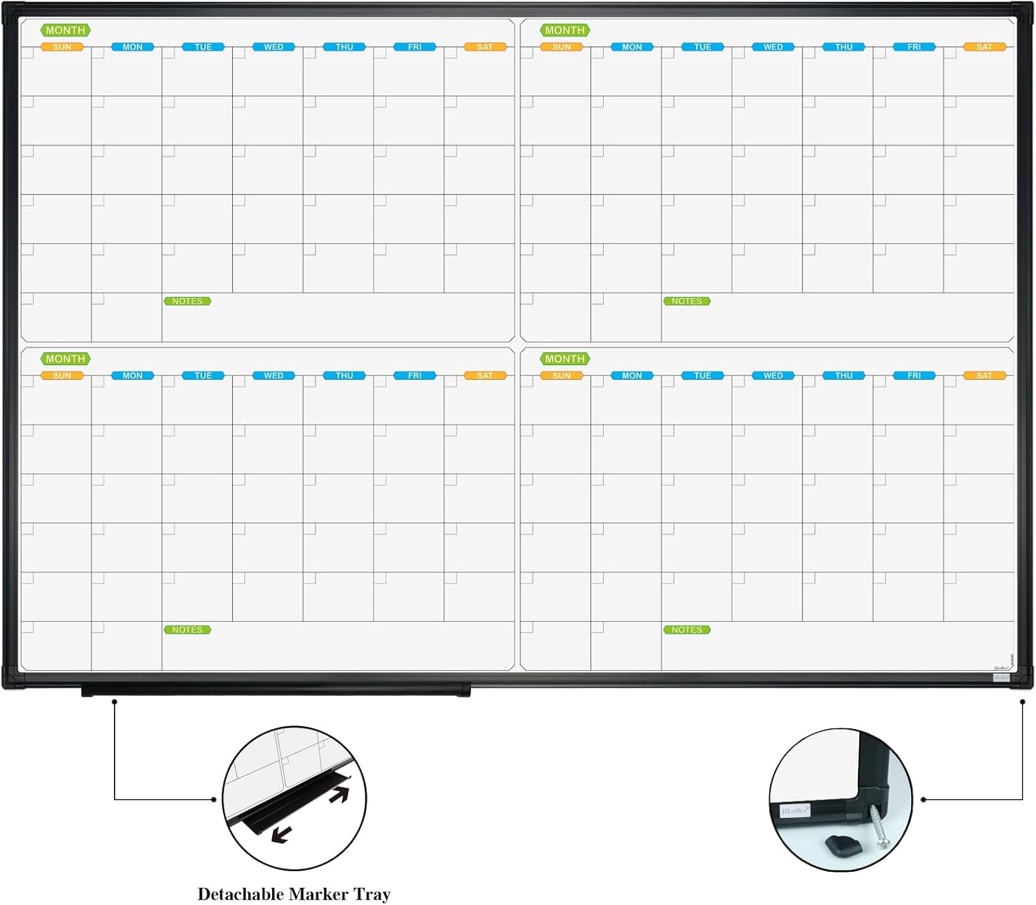 JILoffice Calendario magnético de borrado en seco, pizarra blanca de 4 meses, 36 x 24 pulgadas, marco de aluminio negro, tablero montado en la pared