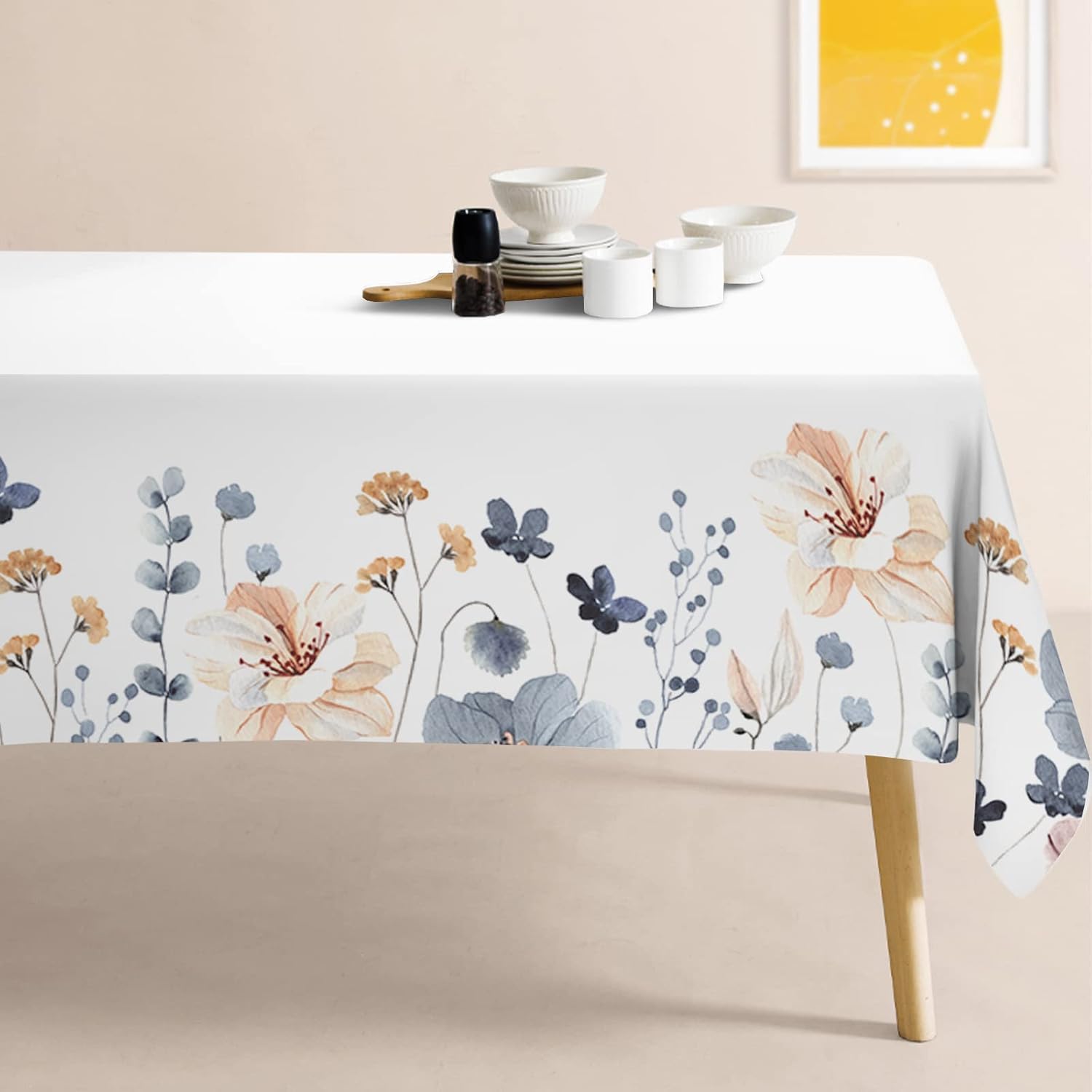 Blue Beige Flowers Fabric Waterproof Tablecloth,Rectangle Watercolor Wrinkle Oil-Proof Resistant Table Cover for Dining Table, Modern Minimalist
