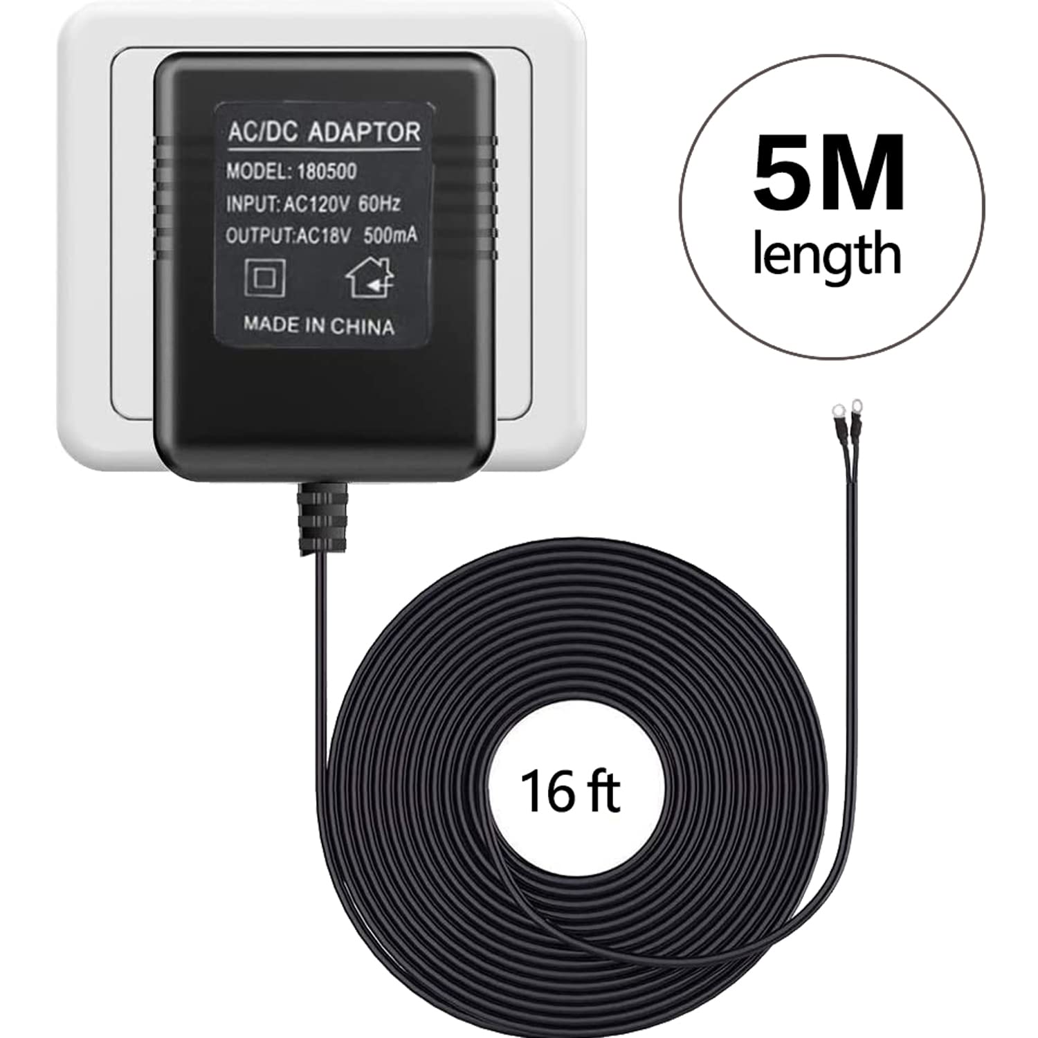 Adaptador de timbre para anillo, transformador universal de 18 V compatible con múltiples tipos de timbre o termostato, 16 pies16.4 ft