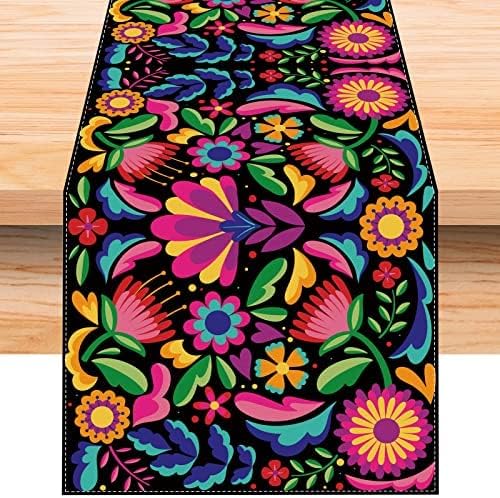 Camino de mesa de lino para fiesta mexicana de 60 pulgadas de largo, mantel de Cinco de Mayo, Día de los Muertos, decoración y suministros para el