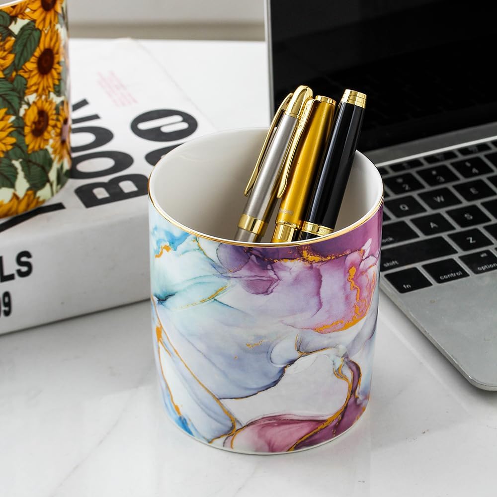 Soporte para bolígrafo de cerámica con rayas verticales para escritorio, lindo soporte para lápices, olla, organizador de escritorio, soporte para