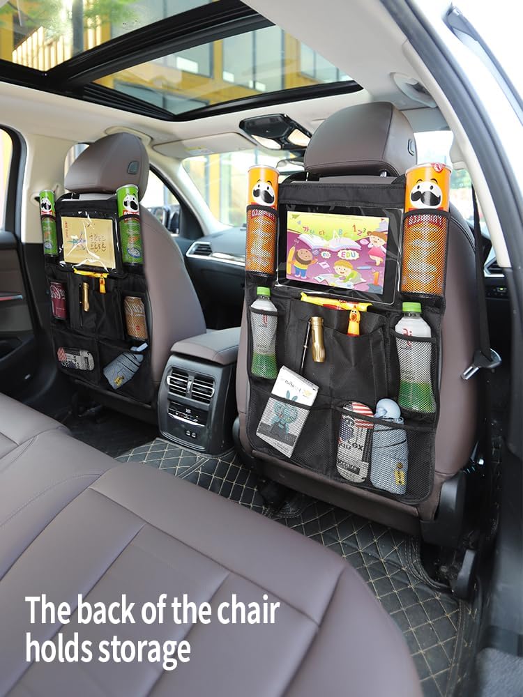 Organizador de asiento trasero de automóvil con soporte transparente para tableta, tela Oxford 600D, 9 compartimentos de almacenamiento, soporte