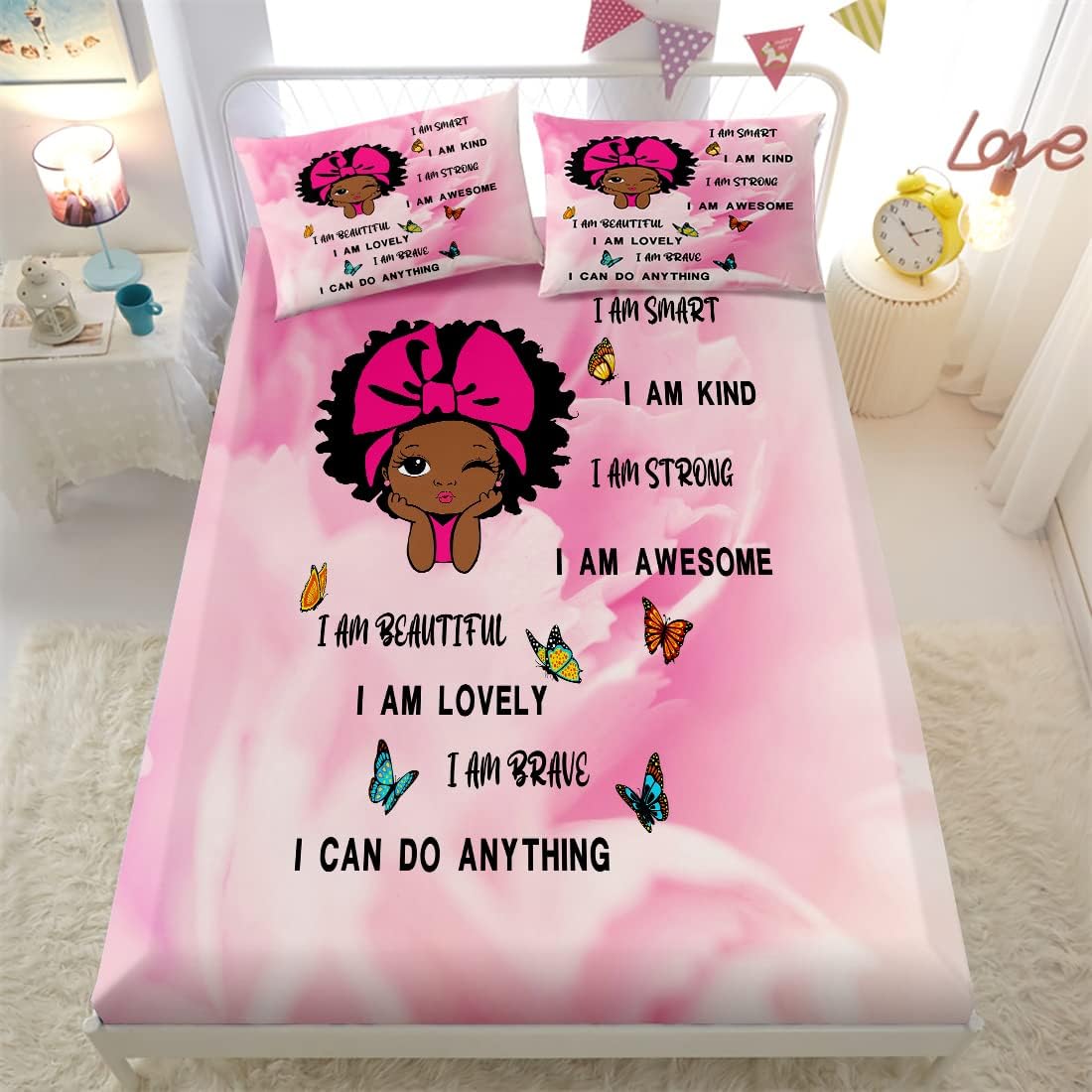 Black Girl Magic – Juego de sábanas bajeras de tamaño individual para niña afroamericana, bonito juego de sábanas bajeras de princesa negra afro