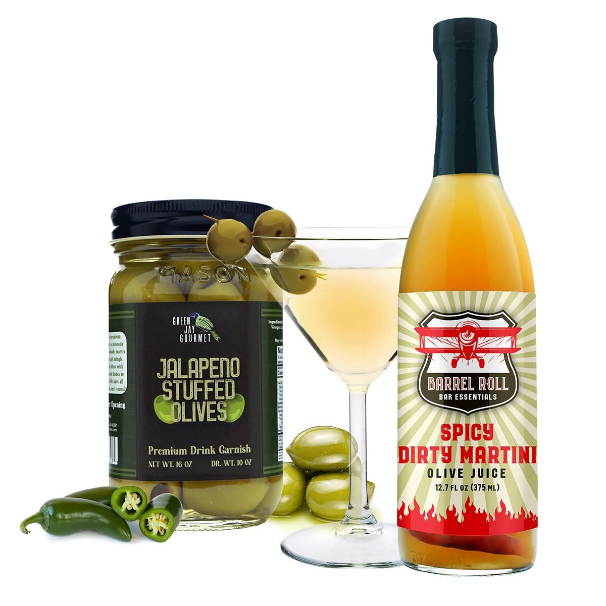 Green Jay Gourmet Aceitunas rellenas de jalapeño – Aceitunas verdes rellenas para recetas de guarnición de cóctel y tabla de queso – Aceitunas de