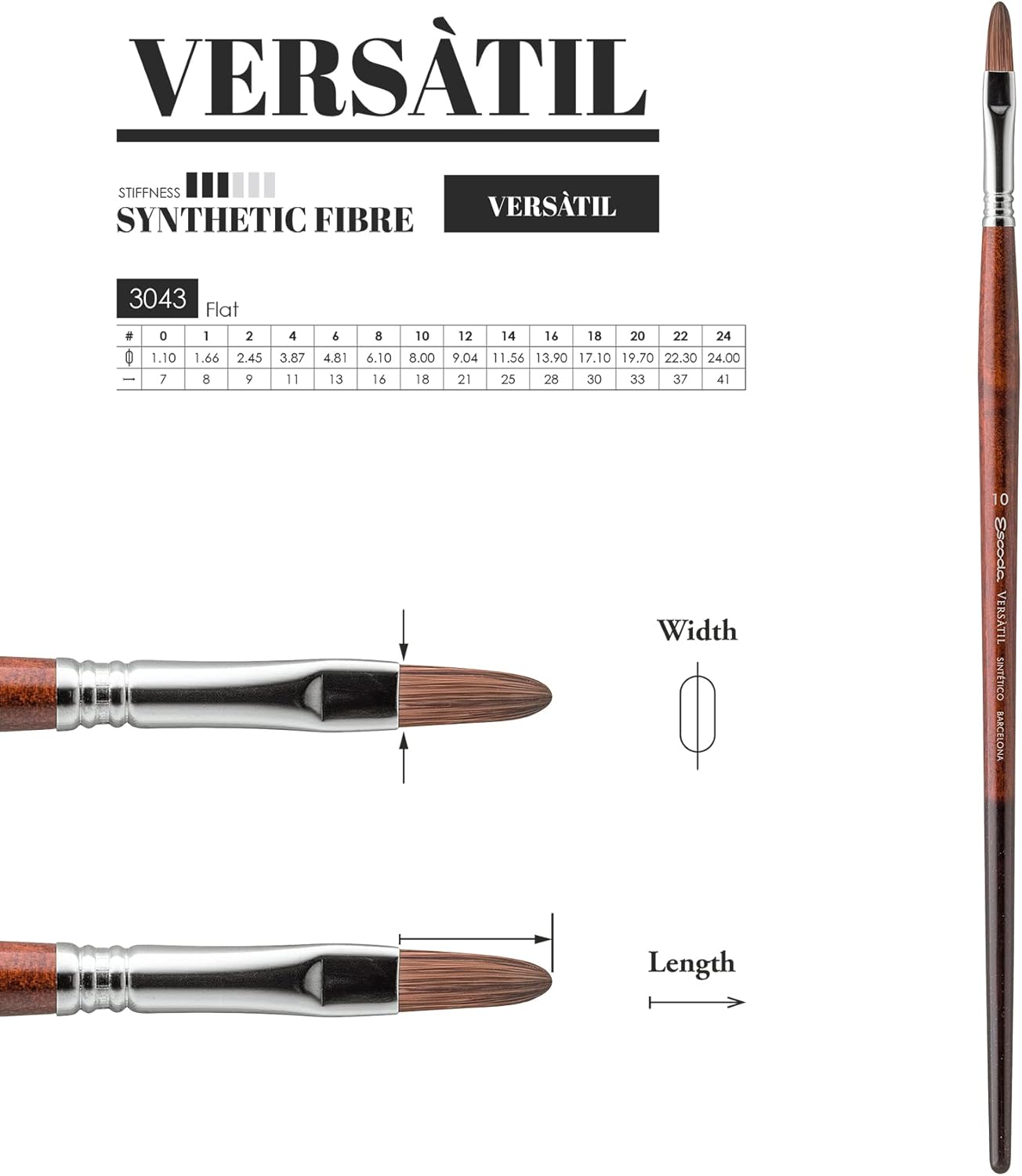 Escoda Versatil 3043 Series Artist – Pincel para pintura al óleo y acrílico, sintético Kolinsky, mango largo, plano, tamaño 10