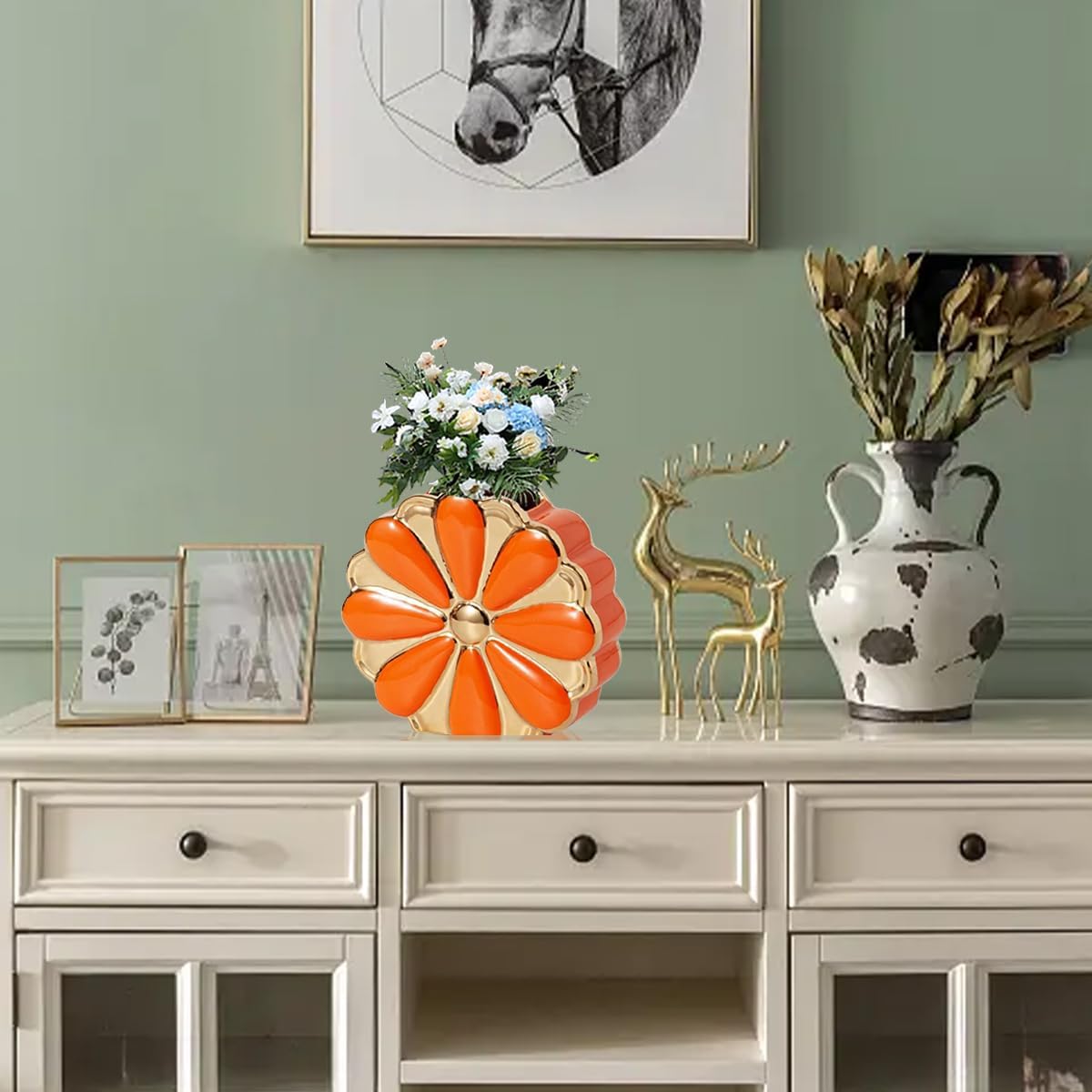 Florero de cerámica naranja y dorado para flores, hierba de pampas, jarrón único y elegante en forma de flor para decoración de estantes, jarrón