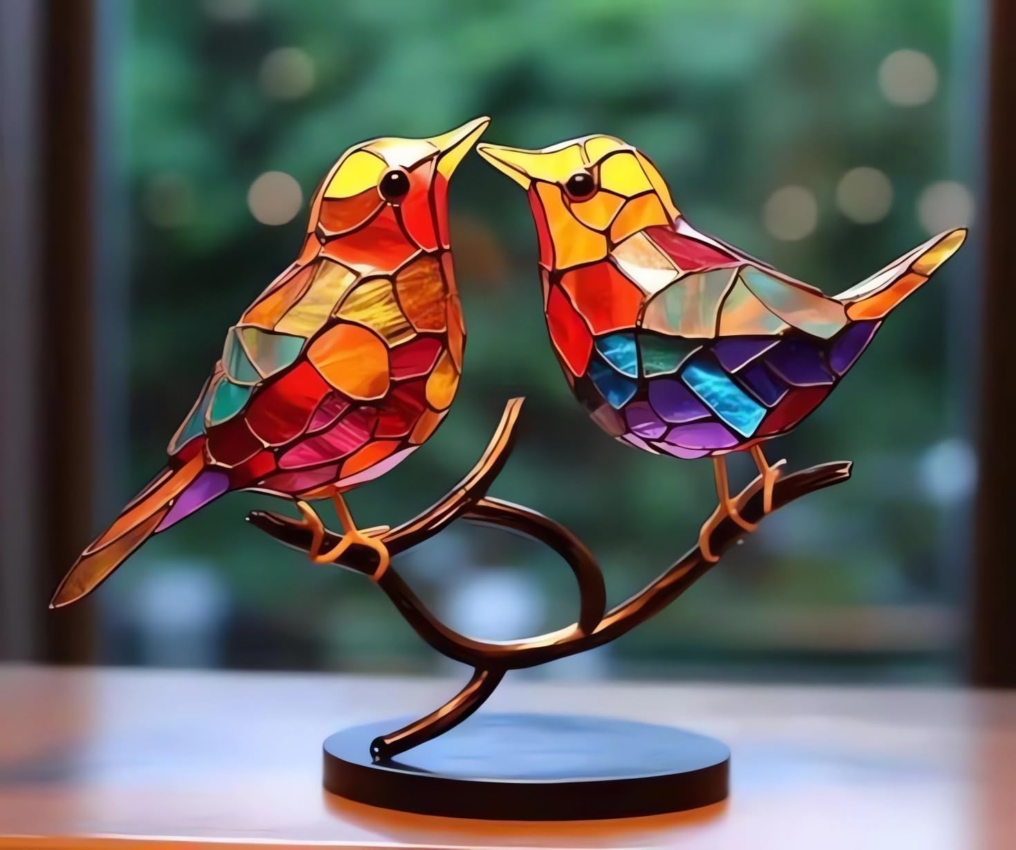 Adornos de escritorio de pájaros en rama, acrílico manchado de doble cara, estatua multicolor de colibrí, escultura de pájaro de arte de metal,