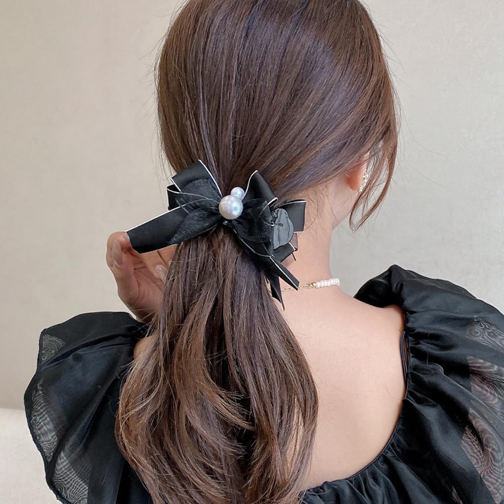 4 pinzas para el cabello con lazo y perlas, cinta blanca y negra, con lazo, pinzas para el cabello, accesorios para la cabeza para mujeres y niñas