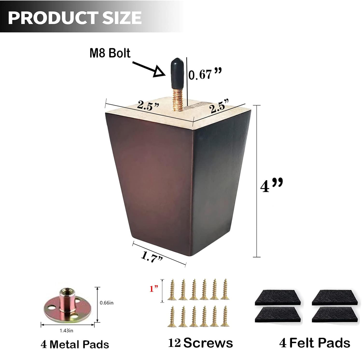 Txcucc Patas de sofá cuadradas para cama, patas de repuesto de madera de 4 pulgadas para muebles, juego de 4, marrón oscuro