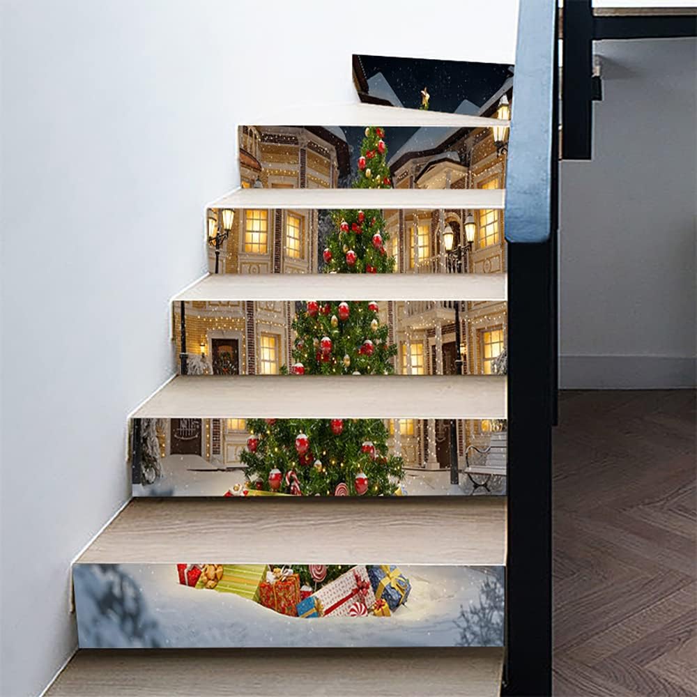 Pegatinas de Año Nuevo Navidad 3D Escalera Pegatinas (6 PiezasPieza) Pasillos Decorativos Hogar PVC Impermeable Pared Pegatinas
