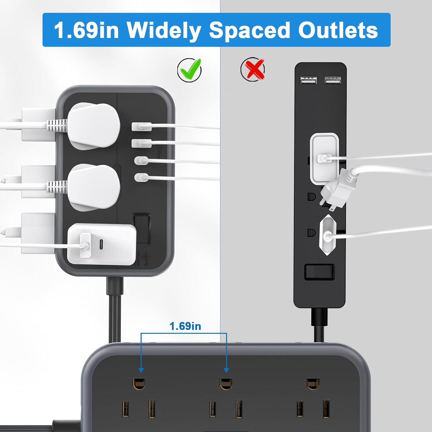 NTONPOWER – Cable de extensión largo 10 en 1 de 25 pies con 4 puertos USB (incluye 2 USB C) cable de extensión con múltiples tomas de corriente