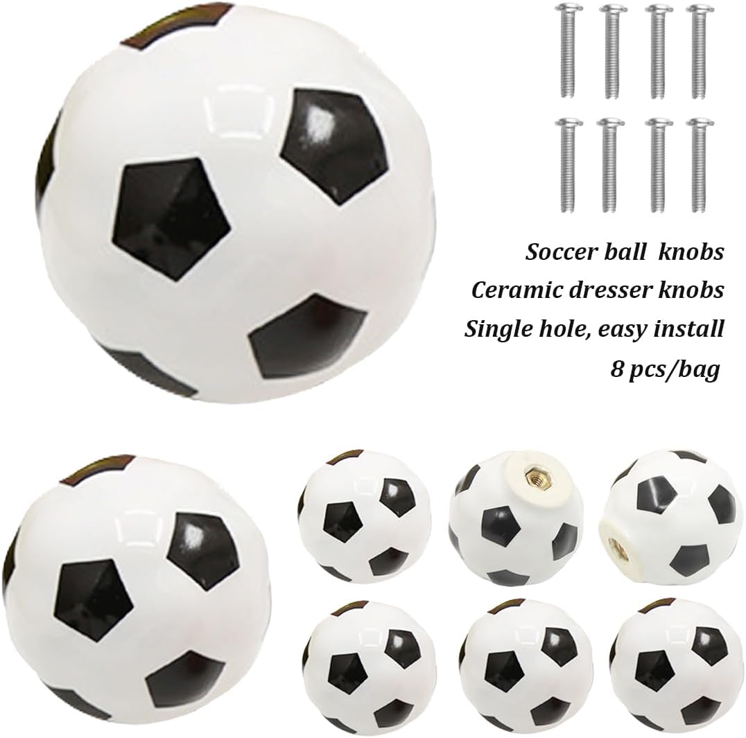 Tverghvad Pomos de cerámica para tocadores de pelota de fútbol, paquete de 8 manijas para muebles de cocina, pomos para muebles de cocina para niños